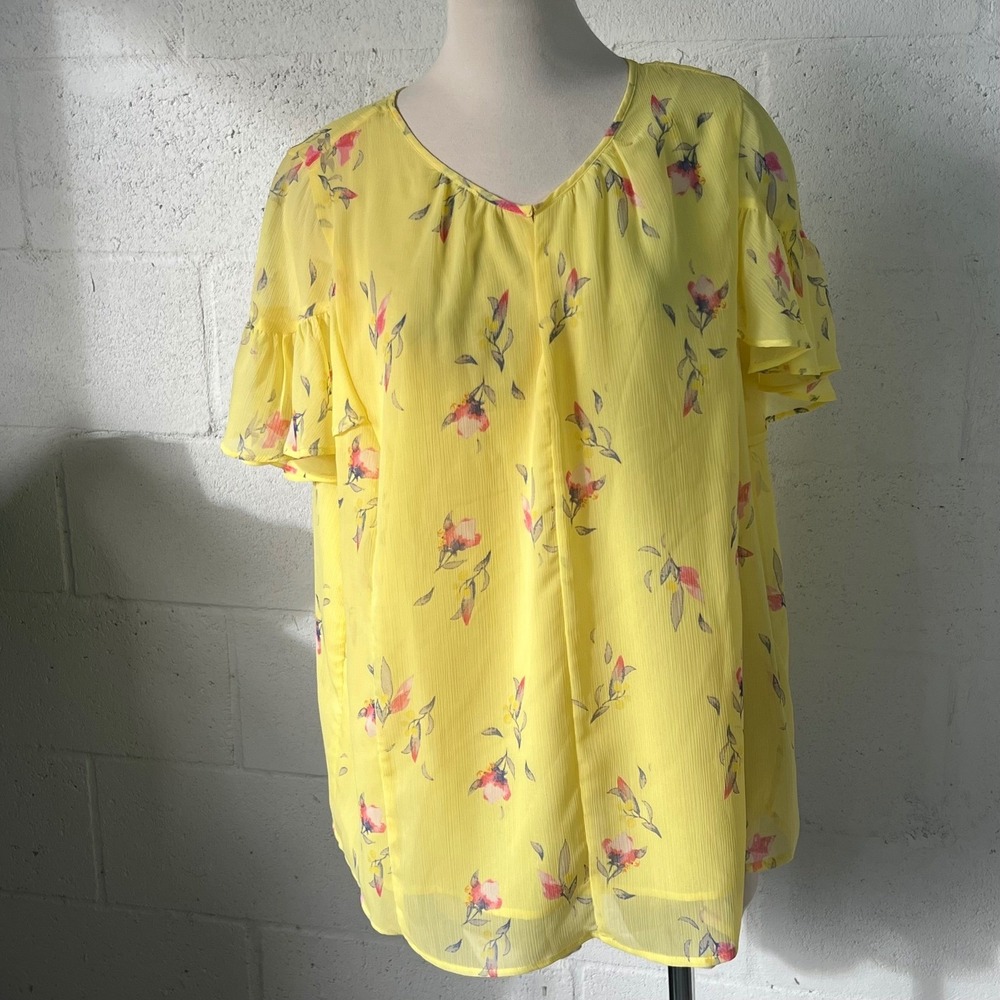 Ava & Viv Womens Blouse Floral Flutter Sleeve Yellow 2X